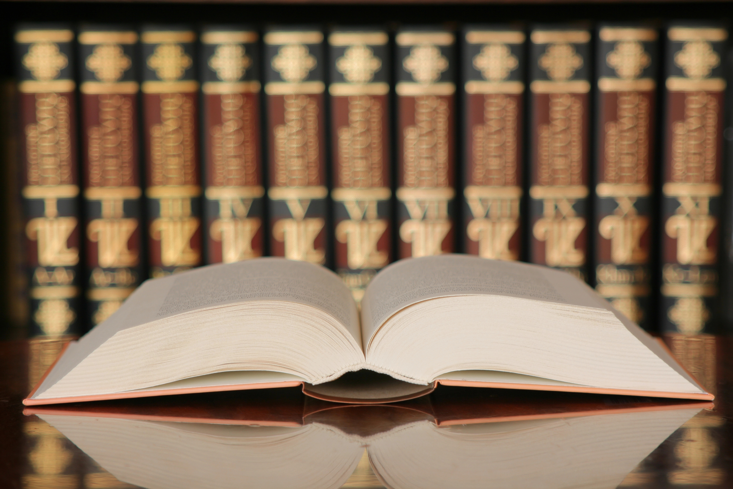 Open book with a row of books in the background